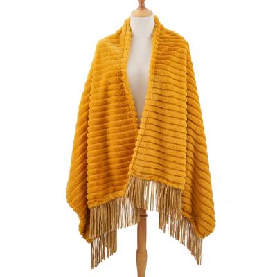 China soft & Fashion warm cape sweater solid color shawls tassel fuax fur pashmina scarf for women winter warm for sale