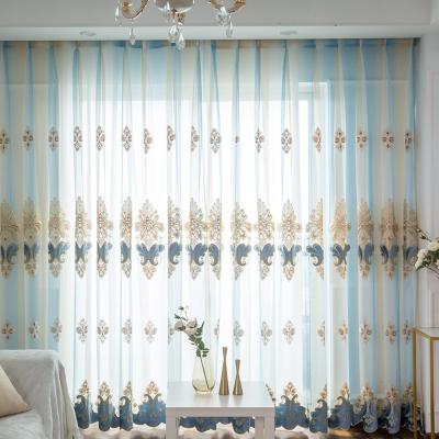 China Blue European Luxury Modern High Quality Polyester Tulle Blackout Gradient Embroidery Sheer Voile Curtain for sale