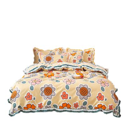 China Wholesale High Quality Fitted Summer Nondisposable Fresh Design Textile Printing Velvet Home Bedding Set Solid Pcs for sale