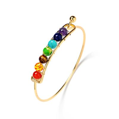 China FASHIONABLE 7 Chakra Beaded Colors Stainless Steel Women Simple Design 18K Plating Gold Bangle Bracelet for sale