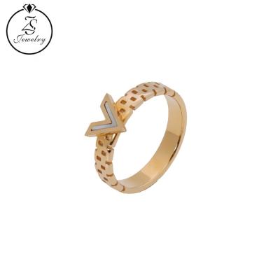 China Fashion CLASSIC Women Personalized New Jewelry Design Letter V Ring Gold Stainless Steel Rings Accessories for sale