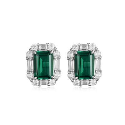 China Trendy Jewelry Emerald Halo Rhodium Plated Earrings Fashion Natural Pave Natural White Diamonds for sale