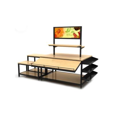 China Customized popular hot double sided boutique display rack steel and wood liquor shelf display for sale for sale