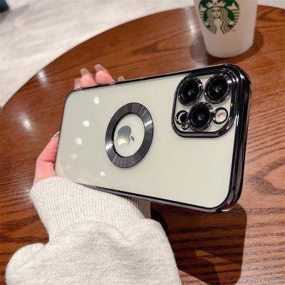 China Luxury Shockproof Clear Plating Logo Hole Soft Case For Iphone 14 pro Camera Lens Protector Max Glass Cover 13 12 11 for sale