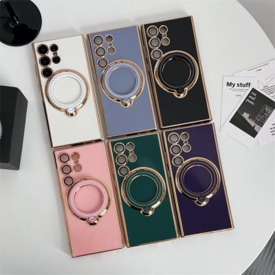 China Luxury Shockproof Plating Tpu Cover For Samsung Galaxy S23 S22 Ultra Square Soft Phone Case And Magnetic Ring Case for sale