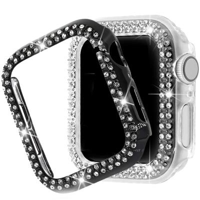 China Popular Luxury Double Diamond Hard Pc Protect Cover For Apple Watch Case Bling Bumper 41/45/44/38/42mm Watch Accessories For Iwatch for sale