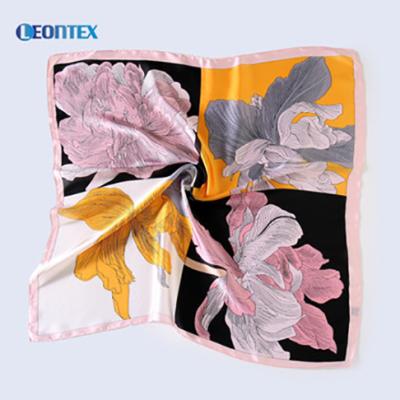 China Polyester Fashion Lady Flower Satin Custom Printed Floral Silk Bag Scarf For Hair for sale