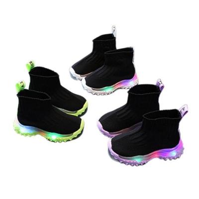 China Around New Flight 2022 Woven Sports Kid Shoes High Tube Girls Luminescent Casual Baby Toddler Shoes Flynit Fitness Walking LED for sale