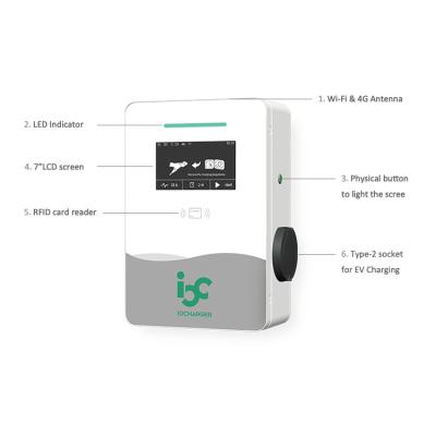 China EV charger with 7' LCD screen 16A 32A AC EV charging station OCPP EV wallbox 7kw 11kw 22kw IOCAW05C for sale