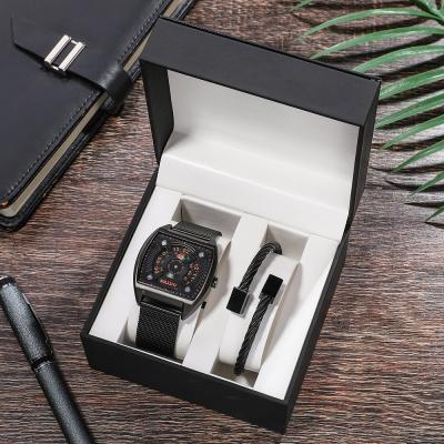 China Life Waterproof Mesh Belt Quartz Watches Turntable Punctuality Watch Strap Set Fashion Square Quartz Watch Strap 2 Pcs Set For Men for sale