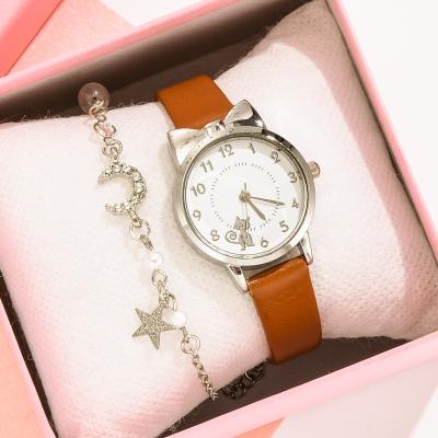 China Non-Specific Minimalist Style PU Watch Strap Women Bracelet Watches Pcs Set Gift 2 Star And Moon Bracelet Quartz Watches Set For Girl for sale