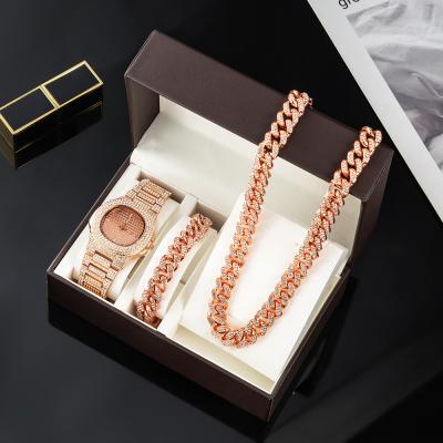 China Life Chain Waterproof Full Diamond Wrist Watches Cuban Necklace 3 Pcs Set Luxurious Jewelry Bracelet Watches Gift Set For Box for sale