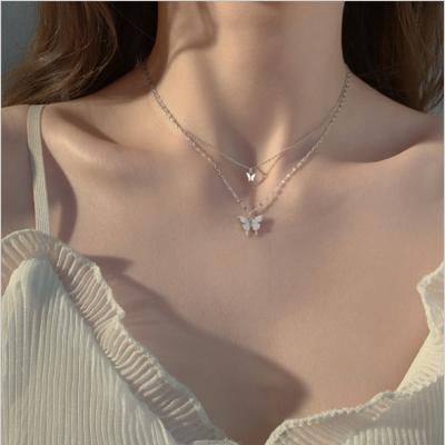 China Single Layer Butterfly Necklace Diamond Encrusted Double Layer Necklace Women Personality Alloy Chain Necklace Fashion Wick for sale