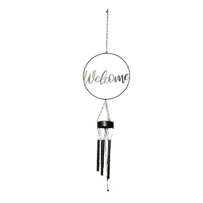 China Custom High Quality Welcome Lettering Iron Wind Bell Round Black Wind Rings Garden Wind Spinners for sale