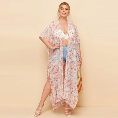 China Viable Women's Plus Size Summer Sunscreen Chiffon Short Sleeve Floral Shirt Dresses Soft Loose Split Shirt Dresses Floral Women's Spring Long for sale