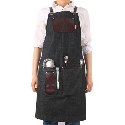 China SunYue Adjustable Custom Color Bartender Uniform Apron Leather Strap Apron Denim Apron With Pockets for sale