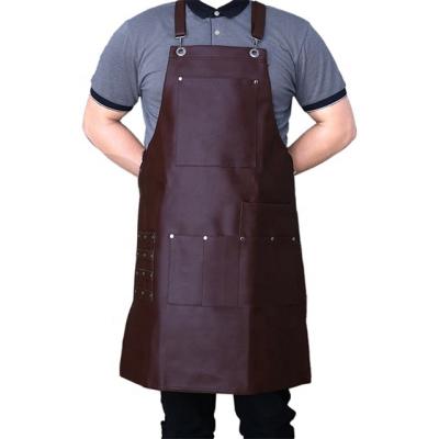 China SunYue PU Jeans Bartender Apron Manufacturer OEM Genuine Leather Adjustable Apron Brown Leather Trim Customized Aprons for sale