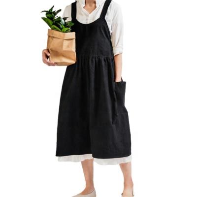 China Wholesale Custom Adjustable Kitchen Apron Cooking Cotton Apron Soft Linen Dress For Women With Big Pockets for sale