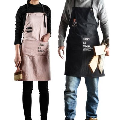 China 100% Canvas Apron OEM Cotton Promotional Black Adjustable Kitchen Logo Printed Cooking Apron Custom Made for sale