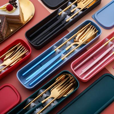 China Viable Korean Style Gold Reusable Cutlery Set Besteck Color Handle Cutlery Portable Travel Set Spoon Fork Chopstick Camping Set for sale