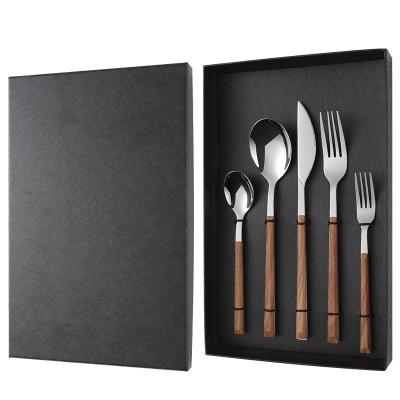 China Wooden Tableware Hotel Viable Wooden Handle Hotel Grain Stainless Steel Steak Knife Fork Spoon Western Gift Box Set for sale