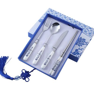 China Gift Box Chopsticks Spoon Fork Knife Set Porcelain Stainless Steel Blue And White Viable Set for sale