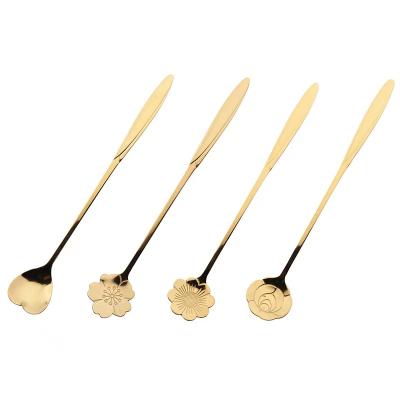 China Long Handle Viable Exquisite Flower Coffee Spoon Gold Spoon Stainless Steel Spoon Mixing Set for sale