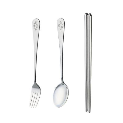 China Stainless Steel Viable Tableware Face Spoon Fork Smile Chopsticks 3 Student Convenience Box Dinnerware Sets for sale