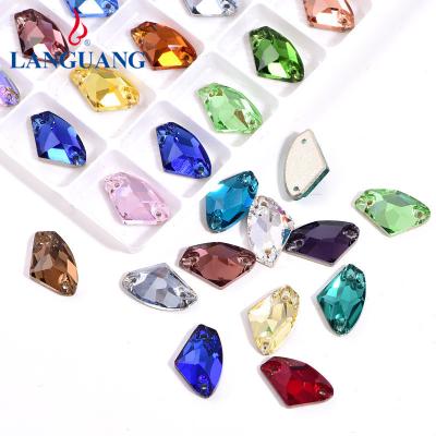 China Environment Inspection Lan Guang Blue Light Crystal Special Shaped Ax Shaped Hand Sewn Flat AB Double Hole Glass Colored Rhinestone for sale