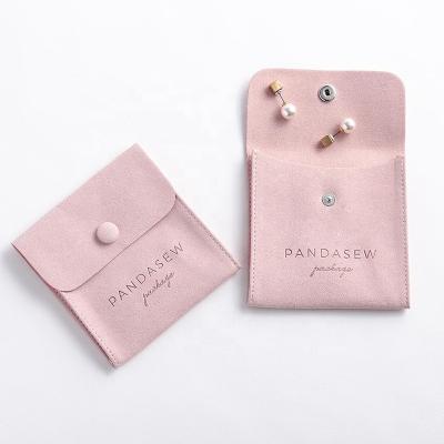 China Fashion Luxury Button Jewelry Pouch Small Flat Packaging Envelope Microfiber Pink Jewelry Bag for sale