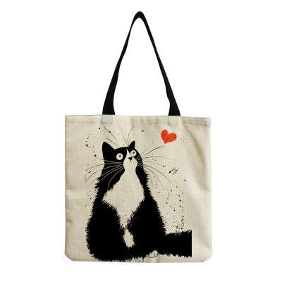 China With Cat Cotton Linen Shopping Tote Cute Cartoon Image Cartoon Bag Can Be Shoulder Environmental Protection Ladies Cloth Portable Reusable Bag for sale