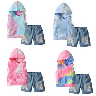 China New summer foreign trade supply border boys and girls tie dyed two-piece set of sweater sweater sweater sleeveless hooded shorts F1001 for sale