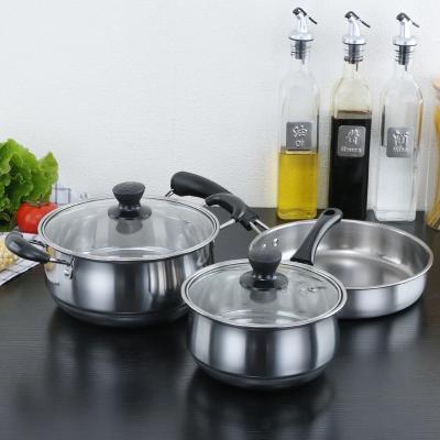 China Sustainable stainless steel kitchen cookware milk pot soup pot three piece pan for sale