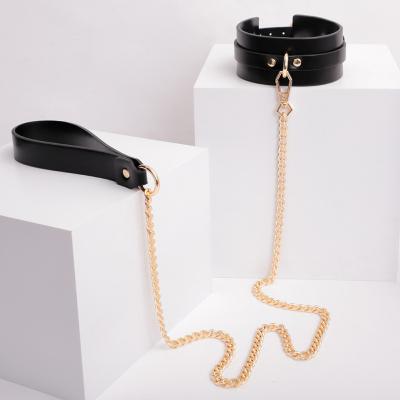 China Wholesale Female BDSM Sex Toys SM Leather Handcuff With Gold Color Chains Men Sex Toys bdsm Luxurious Quality for sale