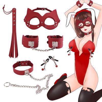 China BDSM Sex Bondage Face Mask Breast Clip 5-Piece Set Couples Sex Toys Leather Bondage Kit for sale