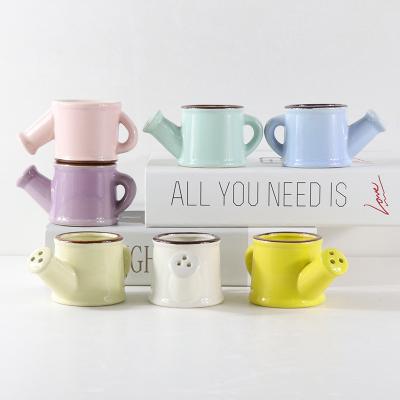 China Minimalist Ceramic Flowerpot Macaron Decorative Watering Can Form Mini Size Garden Creative Balcony Planter Small Size Succulent Plants for sale