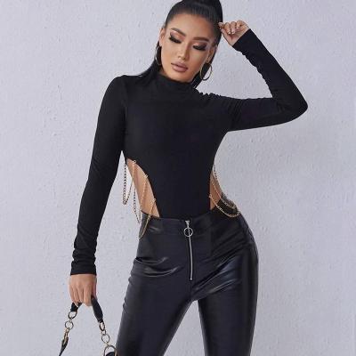 China 2021 new temperament sexy QUICK DRY round neck chain jumpsuit solid color thin long sleeve rompers for ladies for sale