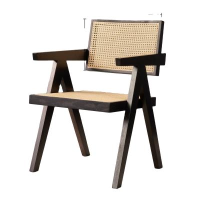 China RW-002 Rattan Style Restaurant Chandigarh Dining Chair Hot Sale Japanese Cane Rattan Wicker Dining Arm Nordic Wooden Chair for sale