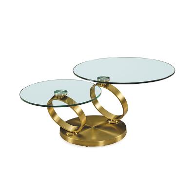 China LC-YS008 Convertible Retractable Rotating Circle Round Steel Brushed Coffee Table Adjustable Clear Glass Top Gold Base for sale