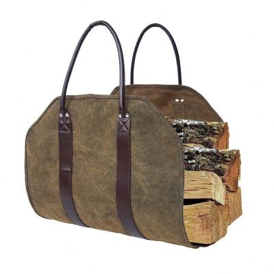 China Heavy Duty 16oz Waxed Canvas Handled Wood Pick Up Storage Firewood Carrier Bag for sale