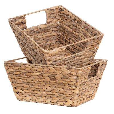 China Sustainable Natural Set of 2 Rectangular Water Hyacinth Wicker Storage Baskets with Handles - Handmade - Woven Home Organizer Bins - Eco-Friendly for sale