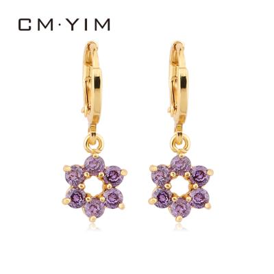 China CM YIM Jewelry TRENDY 24K Gold Plated Fancy Zircon Earrings With Oxide Long Fashion Purple Flower Shape New Design Stud Earrings for sale