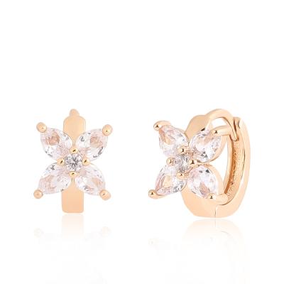 China 2021 Fashion CLASSIC 18k Gold Plated Jewelry Small Stone Four White Leaf Big Stud Huggies Copper Earrings for sale