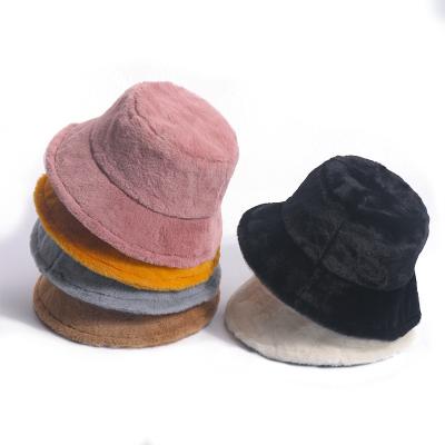 China Factory Winter Women's Solid Color Plush Custom Logo Female Thick Warm Fluffy Fluffy Fluffy Casual Bucket Hat hengxing for sale