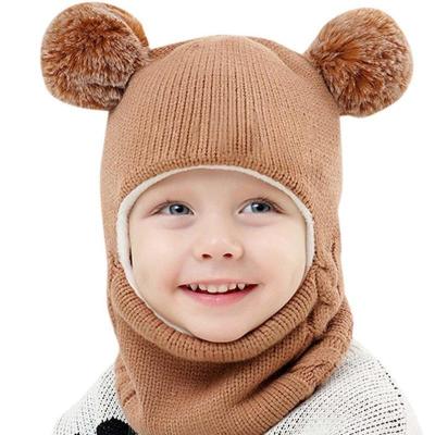 China JOINT Cheap Kids Toddler Girls Boys Ring Winter Warm Knitted Balaclava Baby Ski Mask Hat Double Hairballs Ear Collar Face Cover for sale