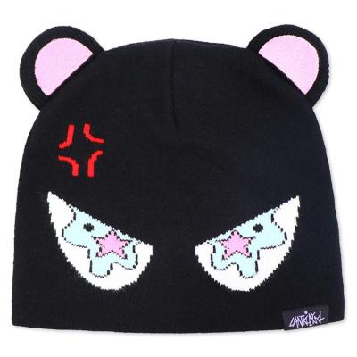 China New COMMON fashion style girls boys hat black cute acrylic customize embroidery knitted beanie hat with ears for sale