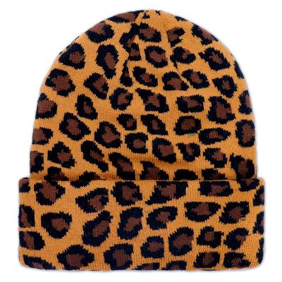 China Hengxing COMMON winter slouchy custom women acrylic leopard printed logo knitted beanie hat for sale