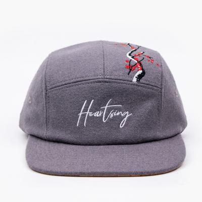 China JOINT Unisex Yellow Brim Hengxing Embroidery Gray Wool Custom Logo Sport 5 Panel Camping Hat for sale