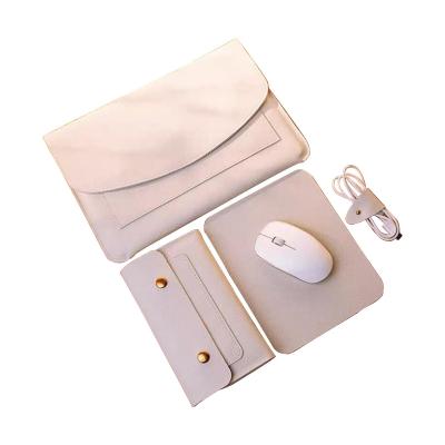 China Premium Soft Leather Business Gift Set Power Case Mouse Pad Cable Holder Laptop Leather Sleeve for sale