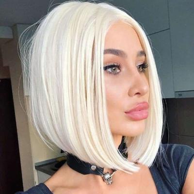 China Bob Hair High Temperature Fiber Heat Glueless Wave Hair Bone Wave Silky Straight White Short Wig Resistant Lace Front Wig for sale